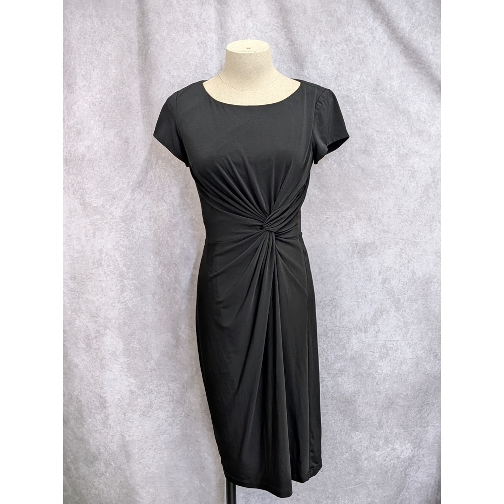 Liz Claiborne Black Twist Front Sheath Dress Short Sleeve Scoop Neck Size 4